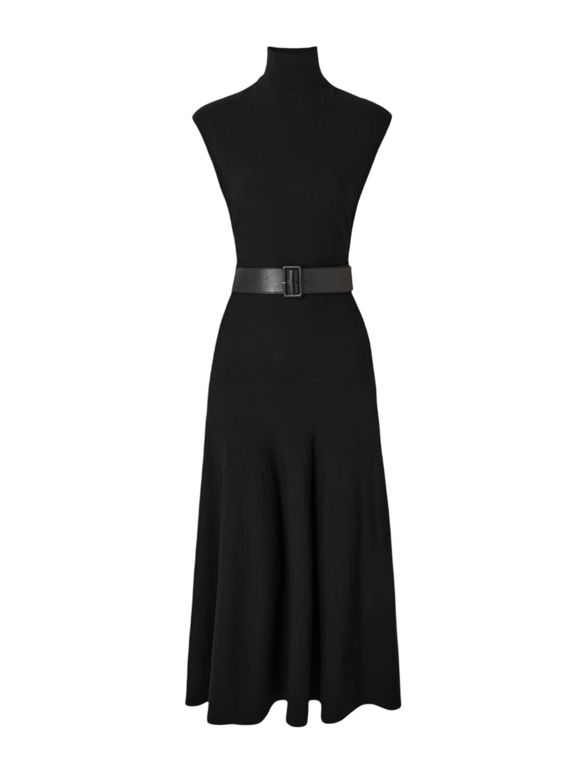 Belted Leather-Trimmed Wool-Blend Turtleneck Midi Dress