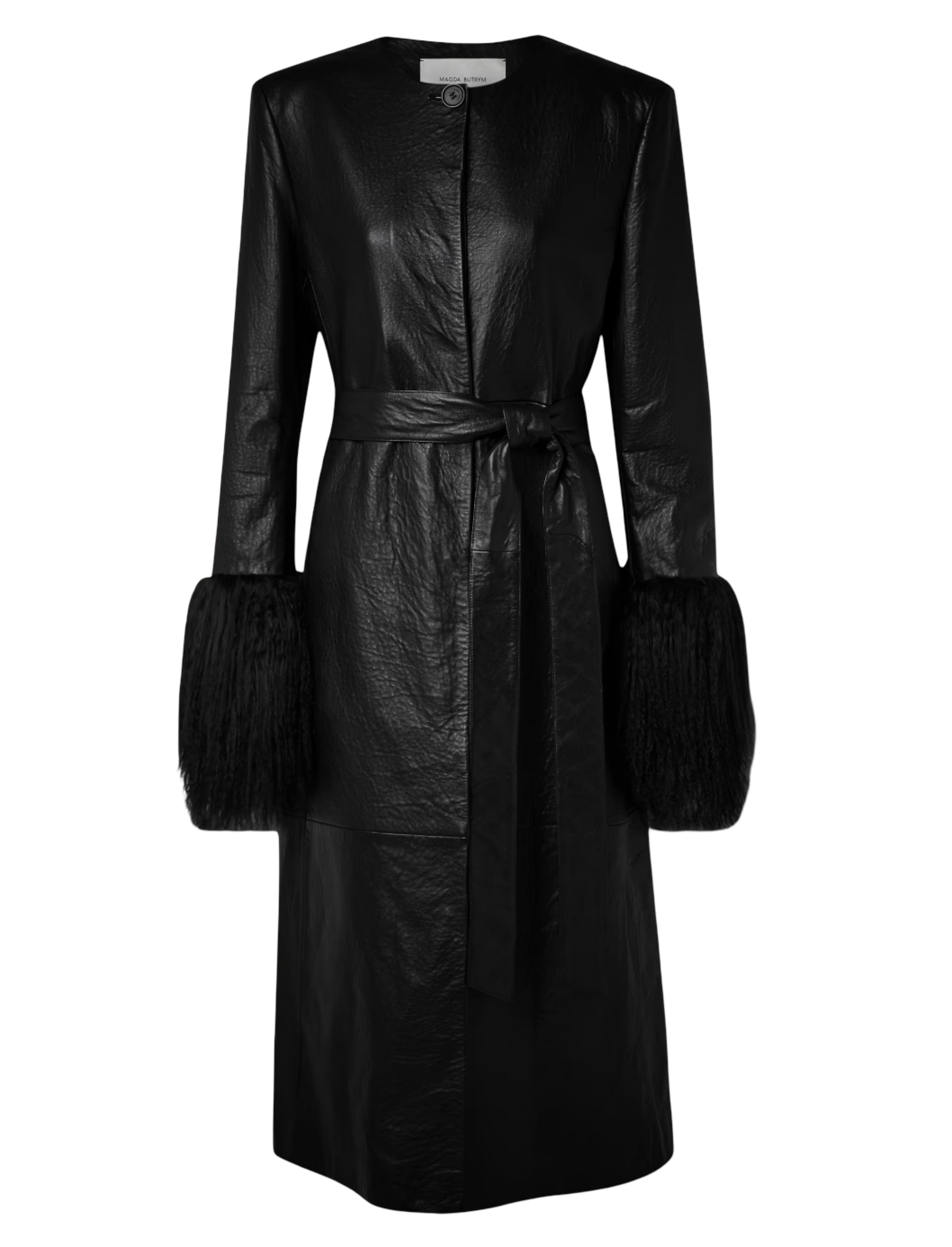 Belted faux fur-trimmed textured-leather coat