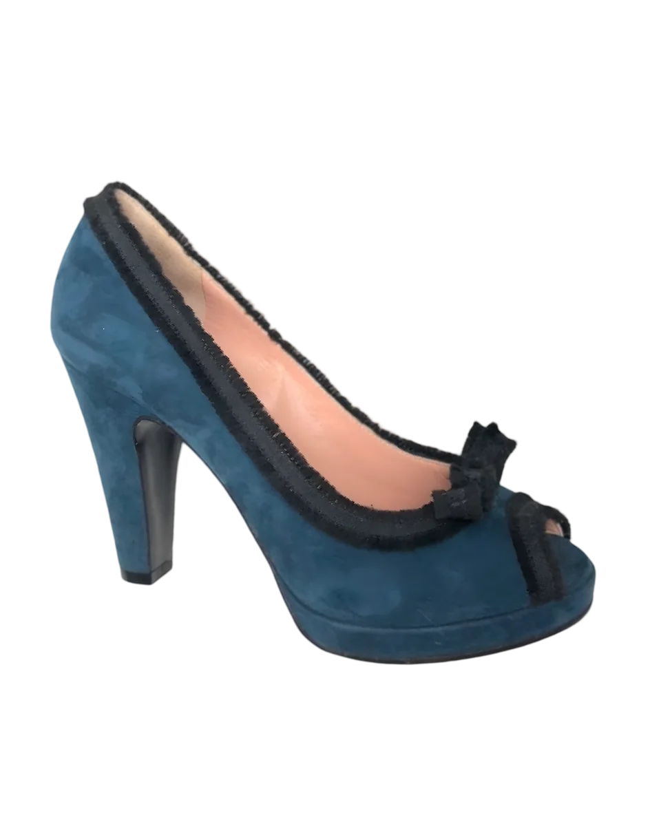 Blue Suede Peep-toe Heels