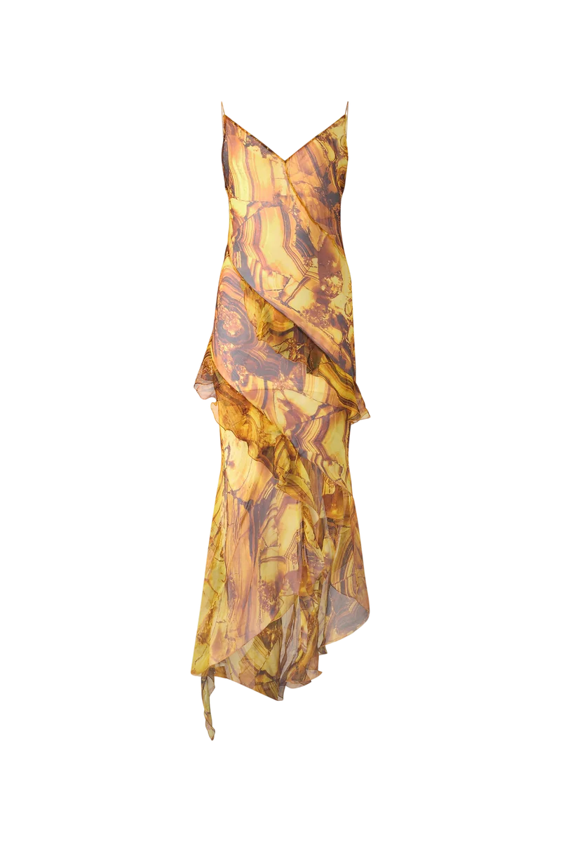Asymmetric Silk Dress With Amber Print