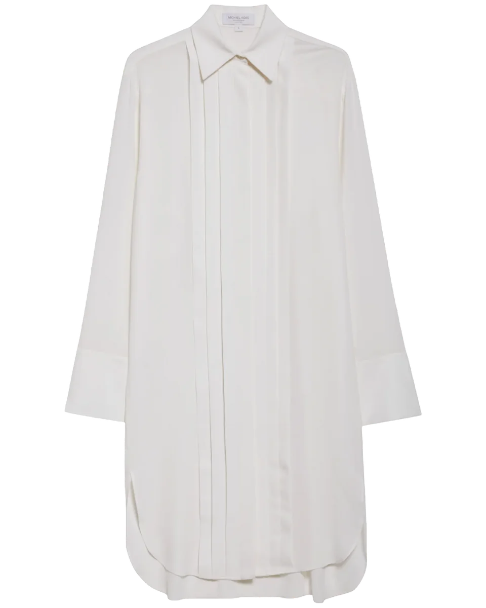 Pleated Front Long Sleeve Silk Shirtdress
