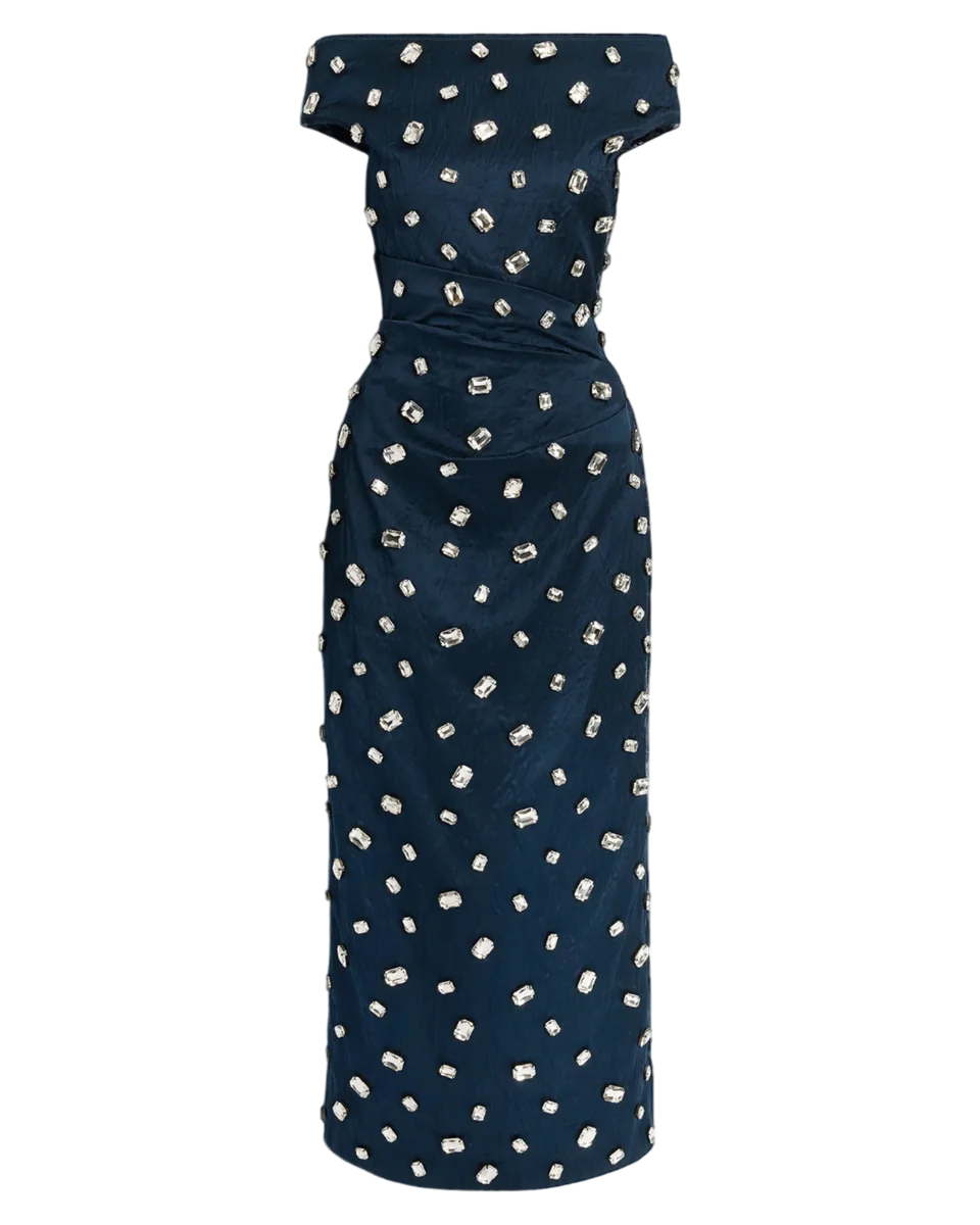 Embroidered Textured Satin Midi Pencil Dress