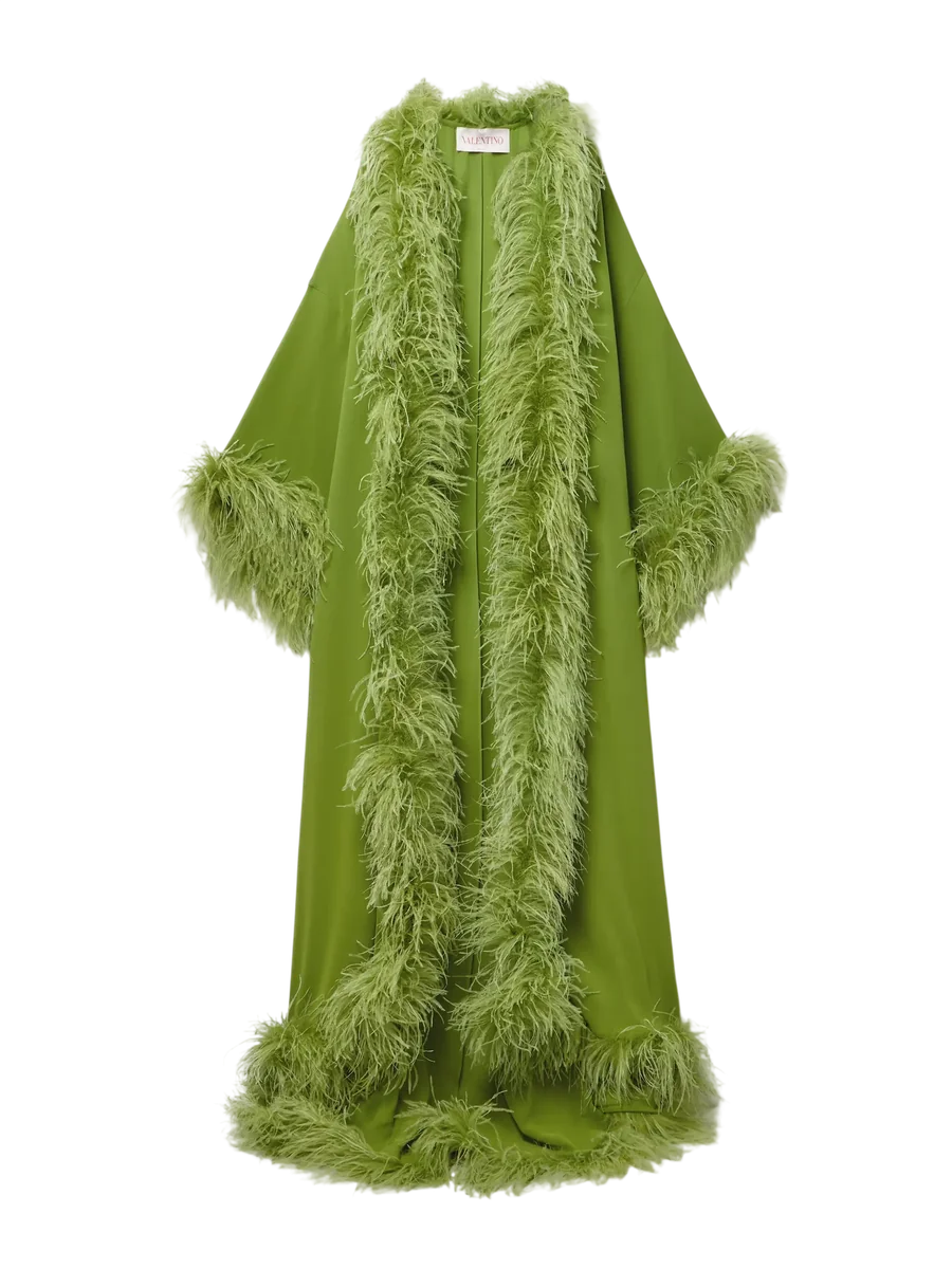 Feather-Trimmed Silk Crepe De Chine Robe