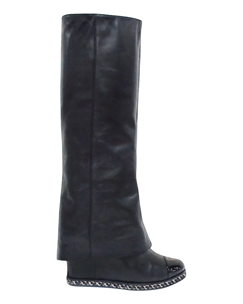 2010s Black Leather Fold-over Wedged Long Boots