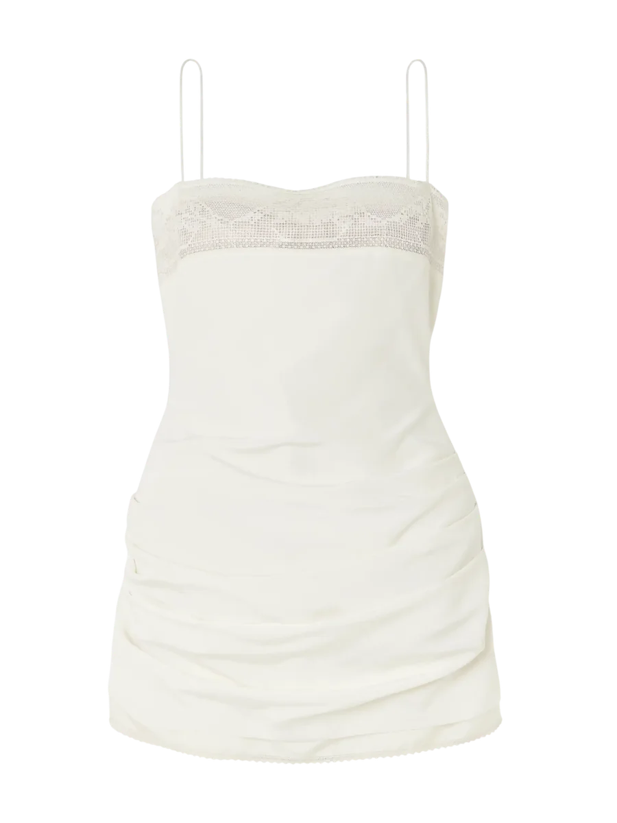 Lace-Trimmed Gathered Silk Mini Dress