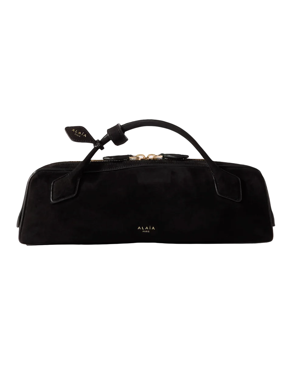 Le Teckel leather-trimmed suede clutch