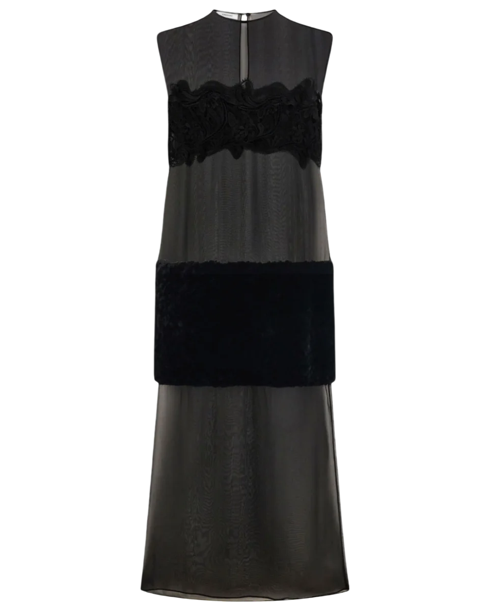 Lace-Shearling Panel Midi Dress