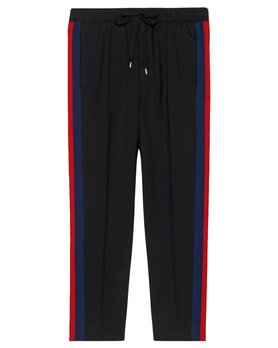 Black Wool & Mohair Web Striped Drawstring Pants