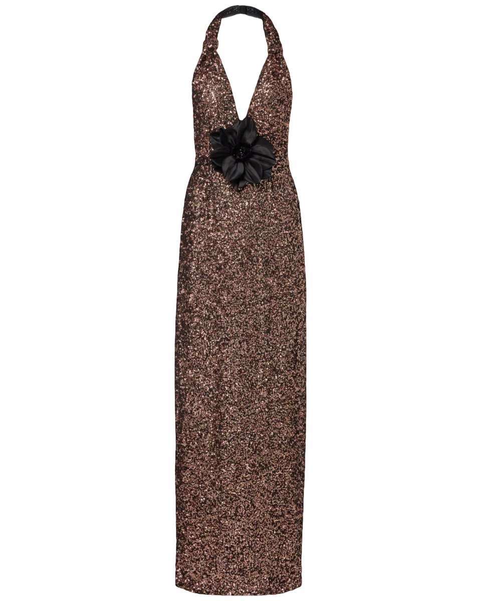 Floral-appliqué sequined halterneck gown
