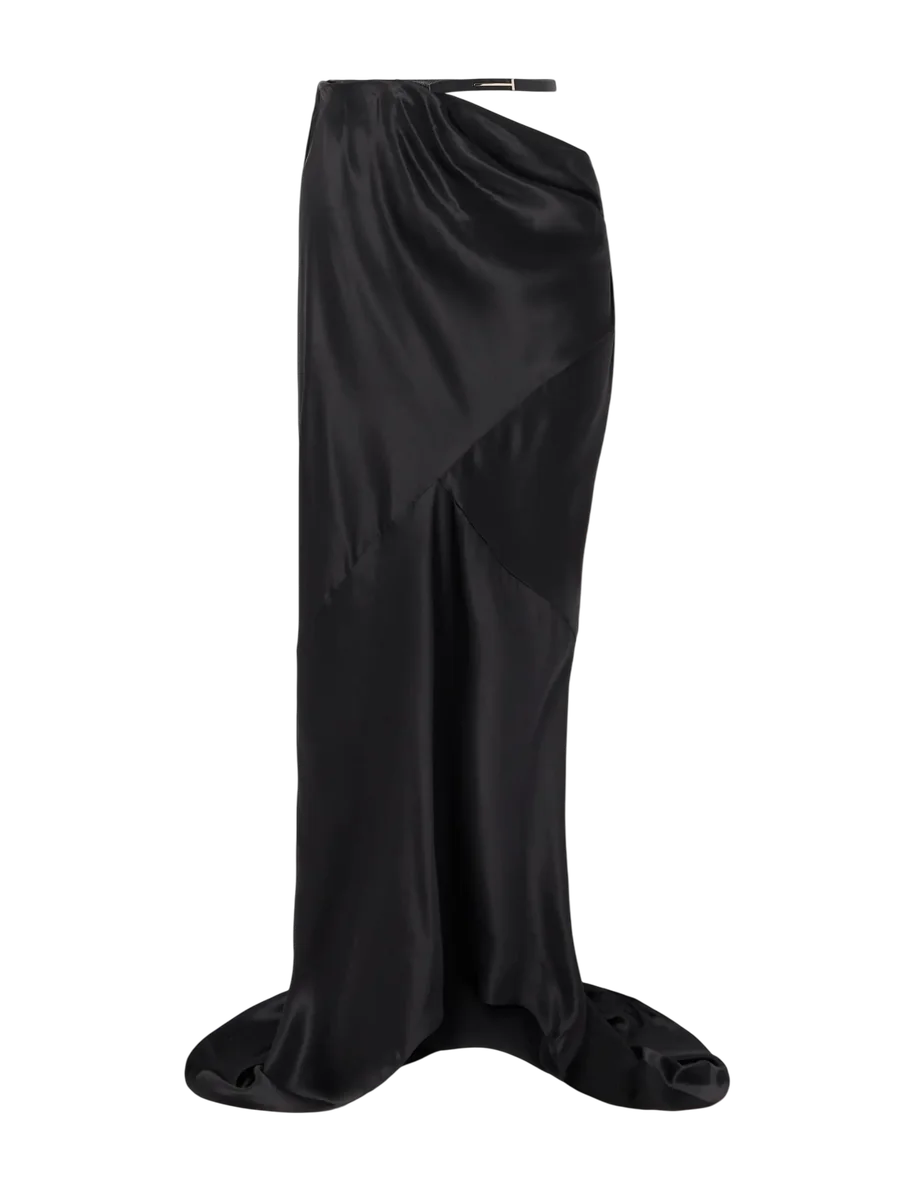 Belted Draped Silk-Satin Maxi Skirt