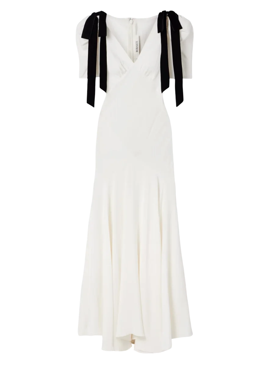 Velvet bow-embellished silk-crepe gown