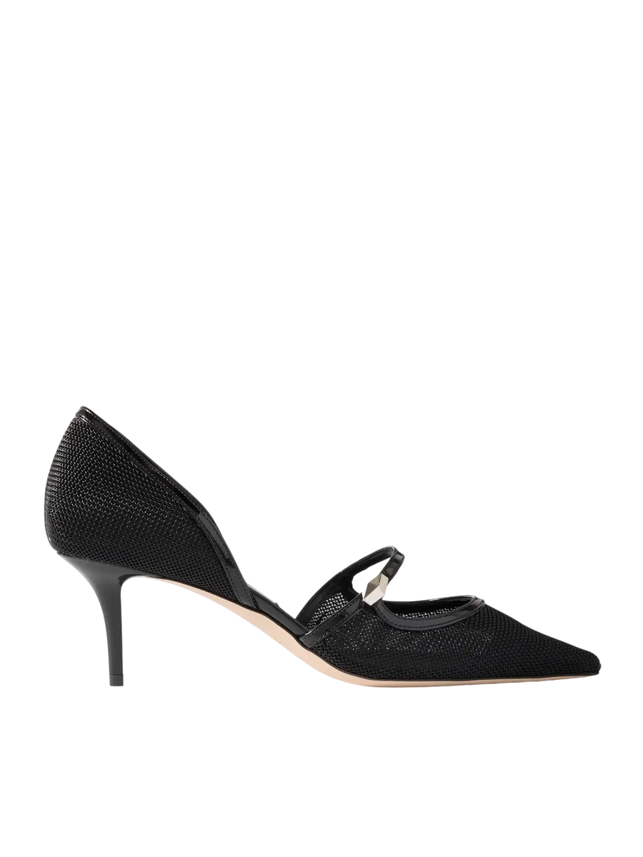 Carolyn 60 Studded Patent Leather-Trimmed Mesh Pumps