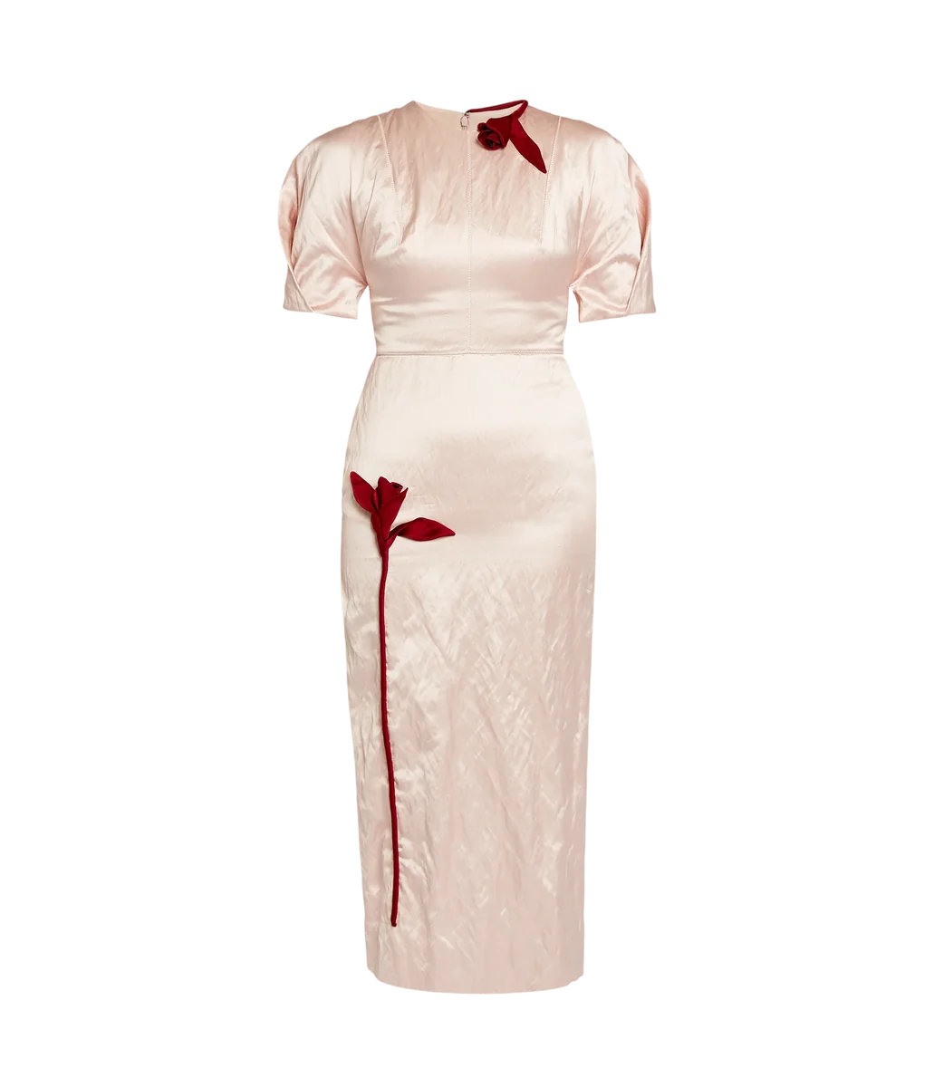 Embroidered Textured Satin Midi Dress