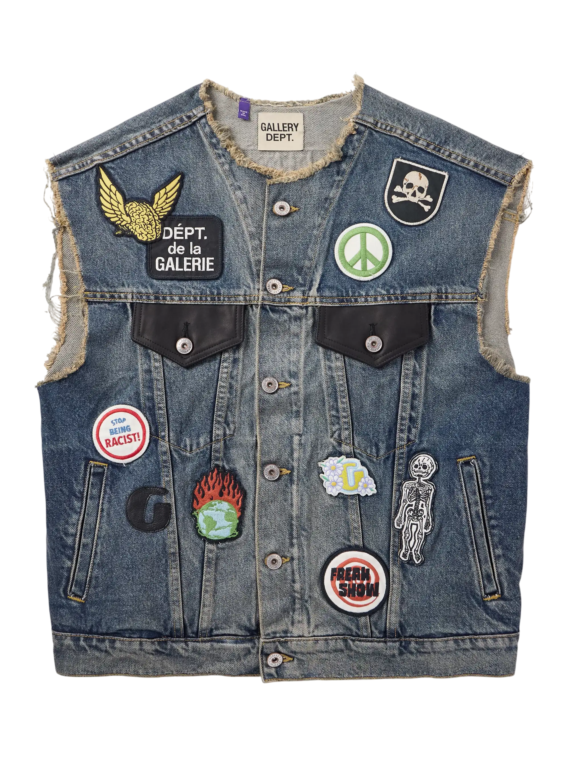 Midnight Leather-Trimmed Appliquéd Denim Vest