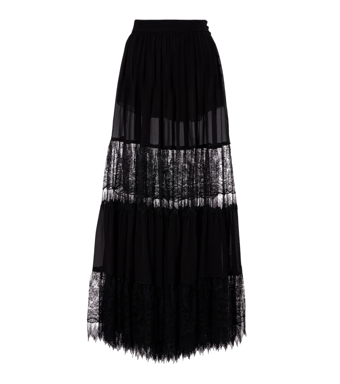 Lace-Trimmed Tiered Silk Maxi Skirt