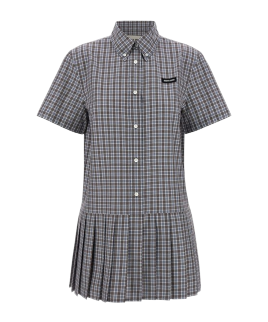 Pleated Checked Shirt Mini Dress
