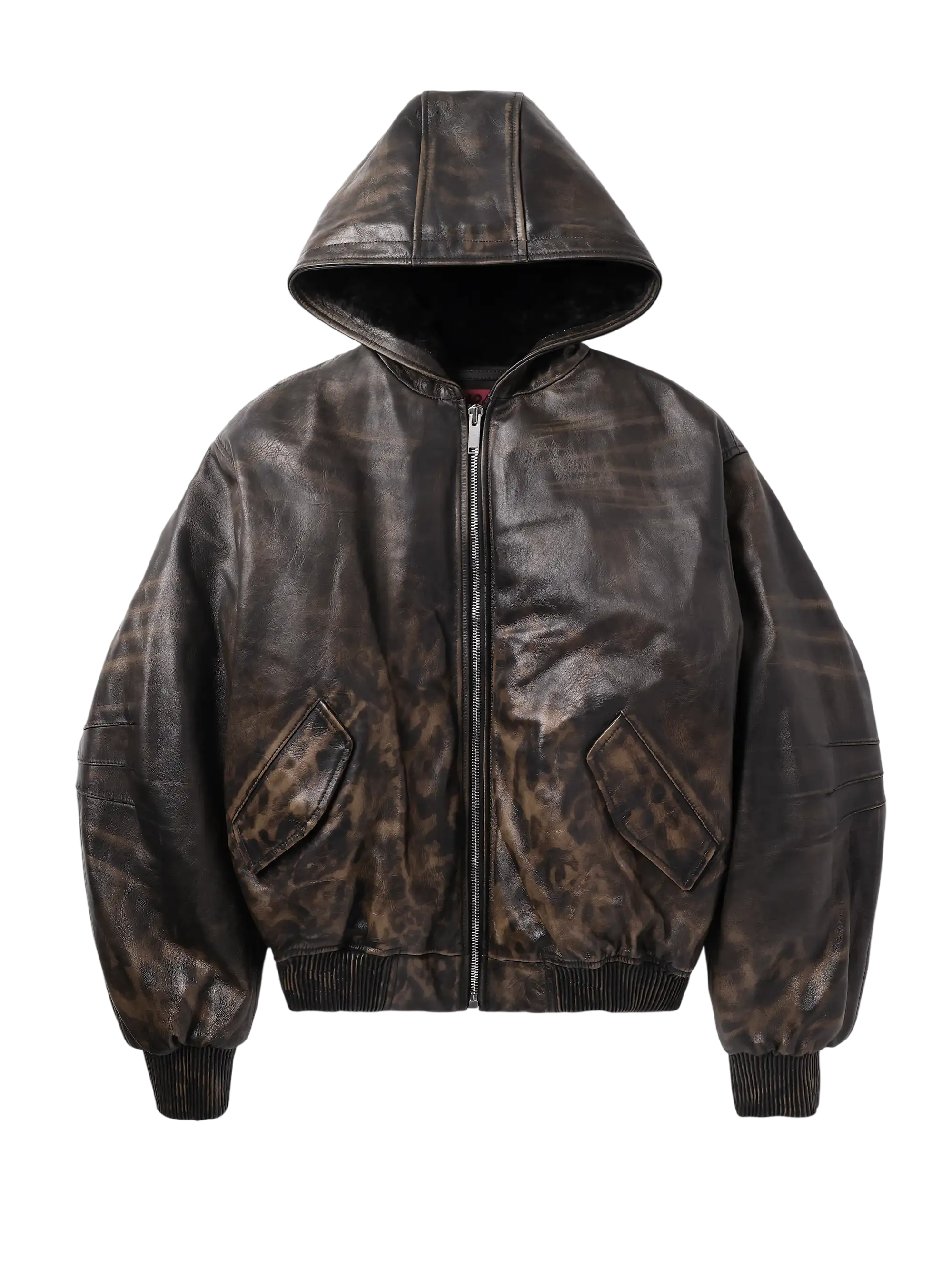 Cropped Leopard-Print Padded Leather Hooded Bomber Jacket