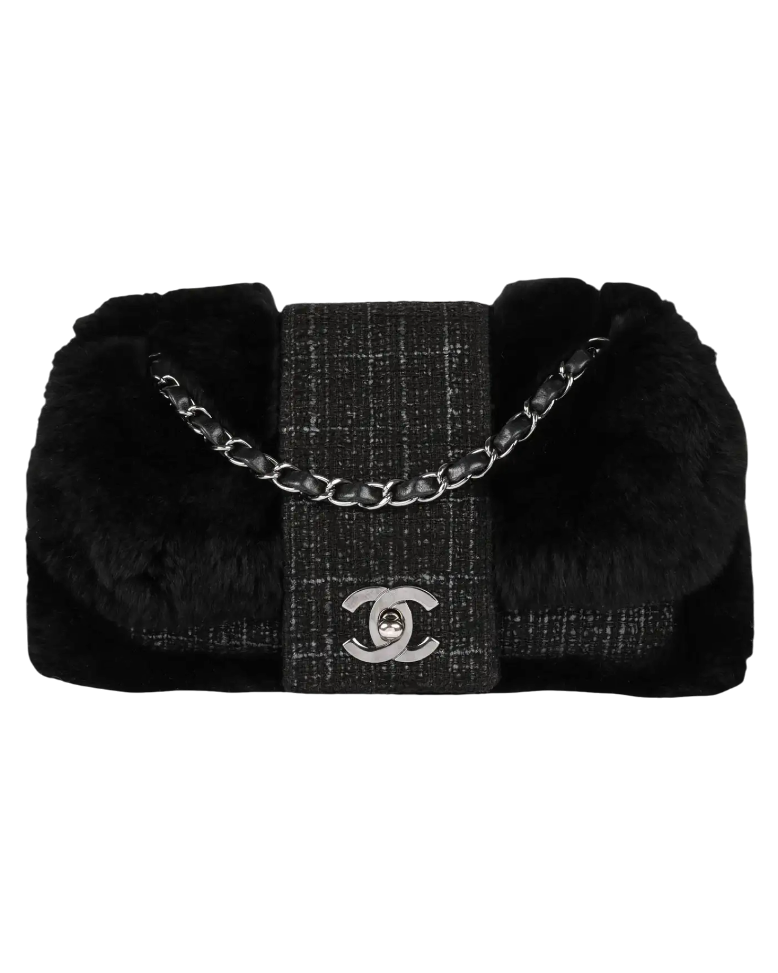 Black Fantasy Fur & Grey Tweed Medium Classic Single Flap Bag