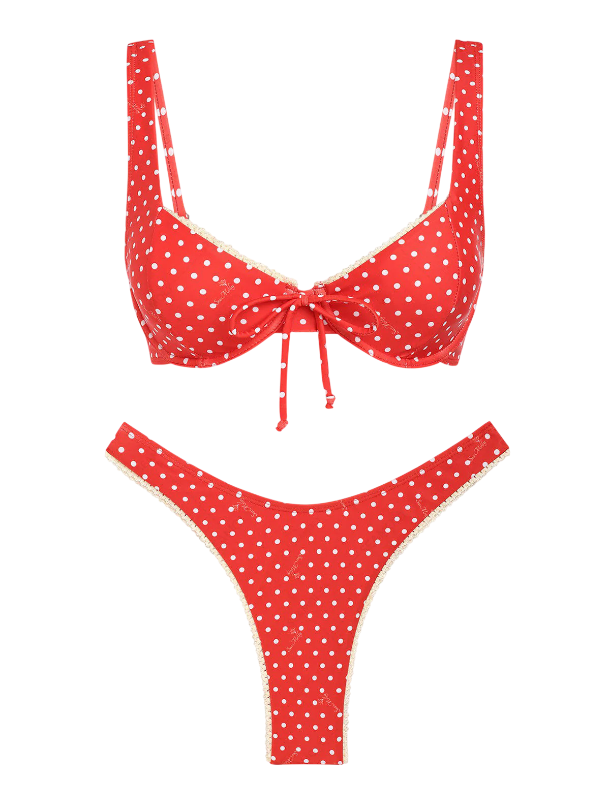 Seamolly Vintage Polka Dot Lace Bowknot Underwire Bikini Set