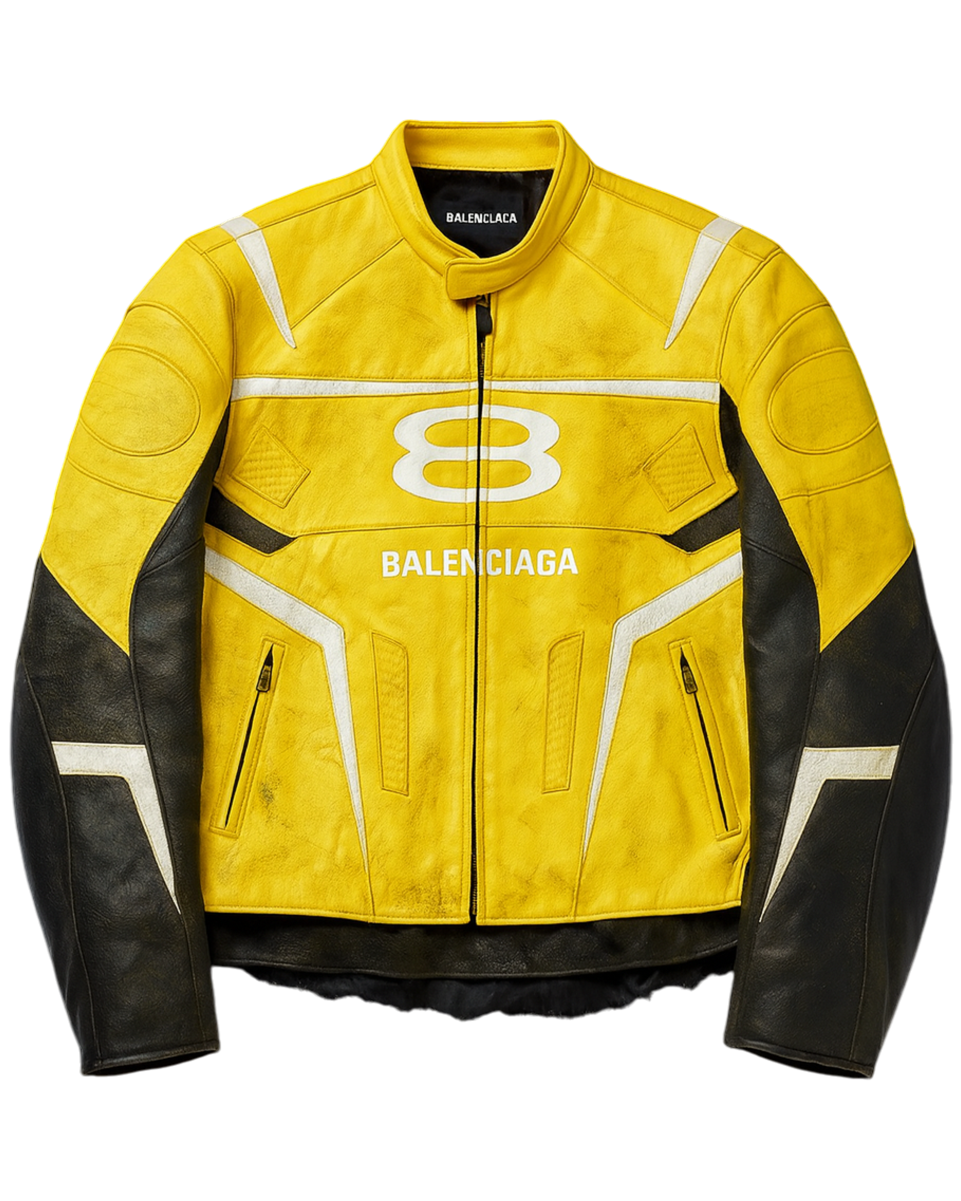 Racer Oversized Distressed Panelled Leather Jacket Signal Yellow