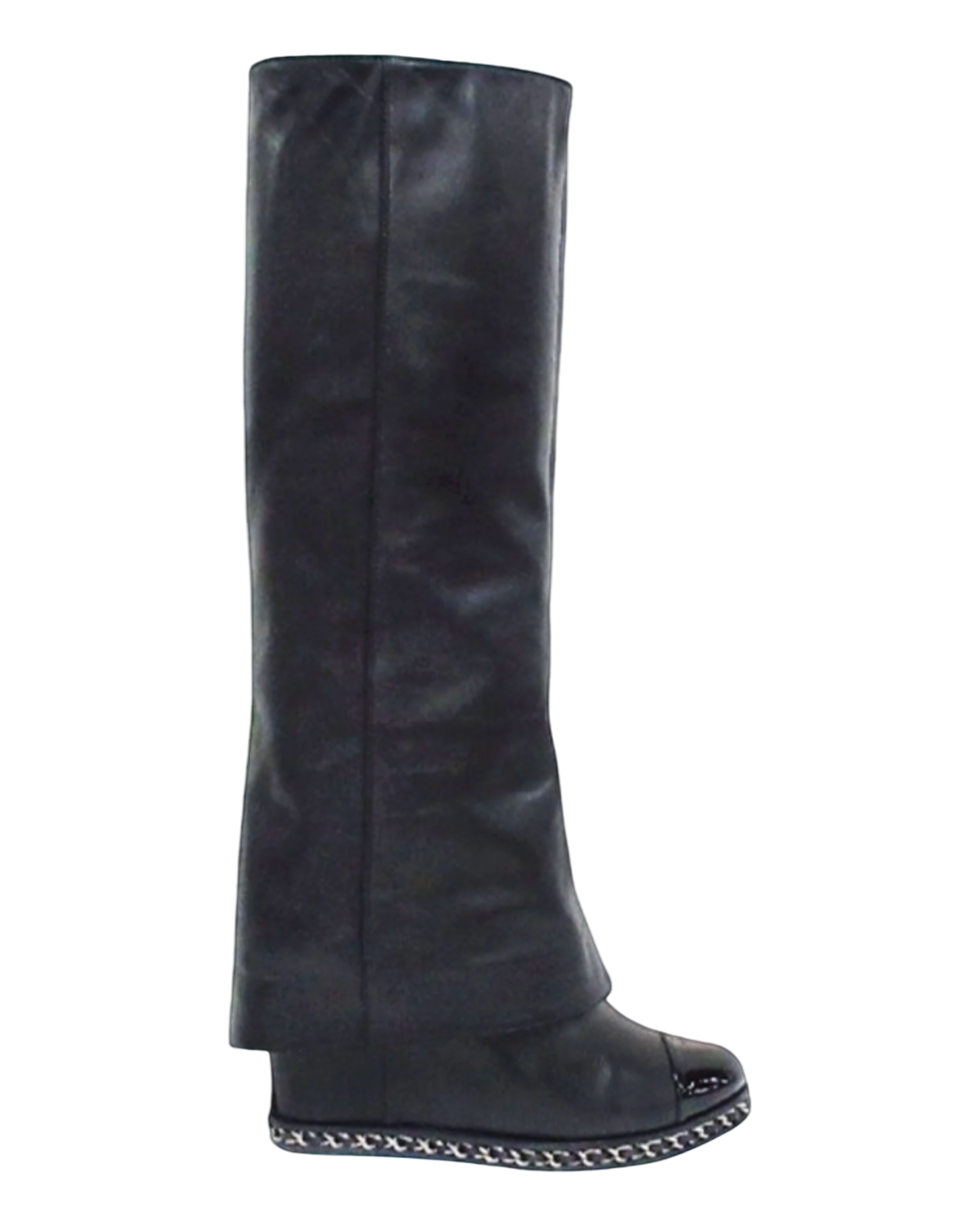2010s Black Leather Fold-over Wedged Long Boots