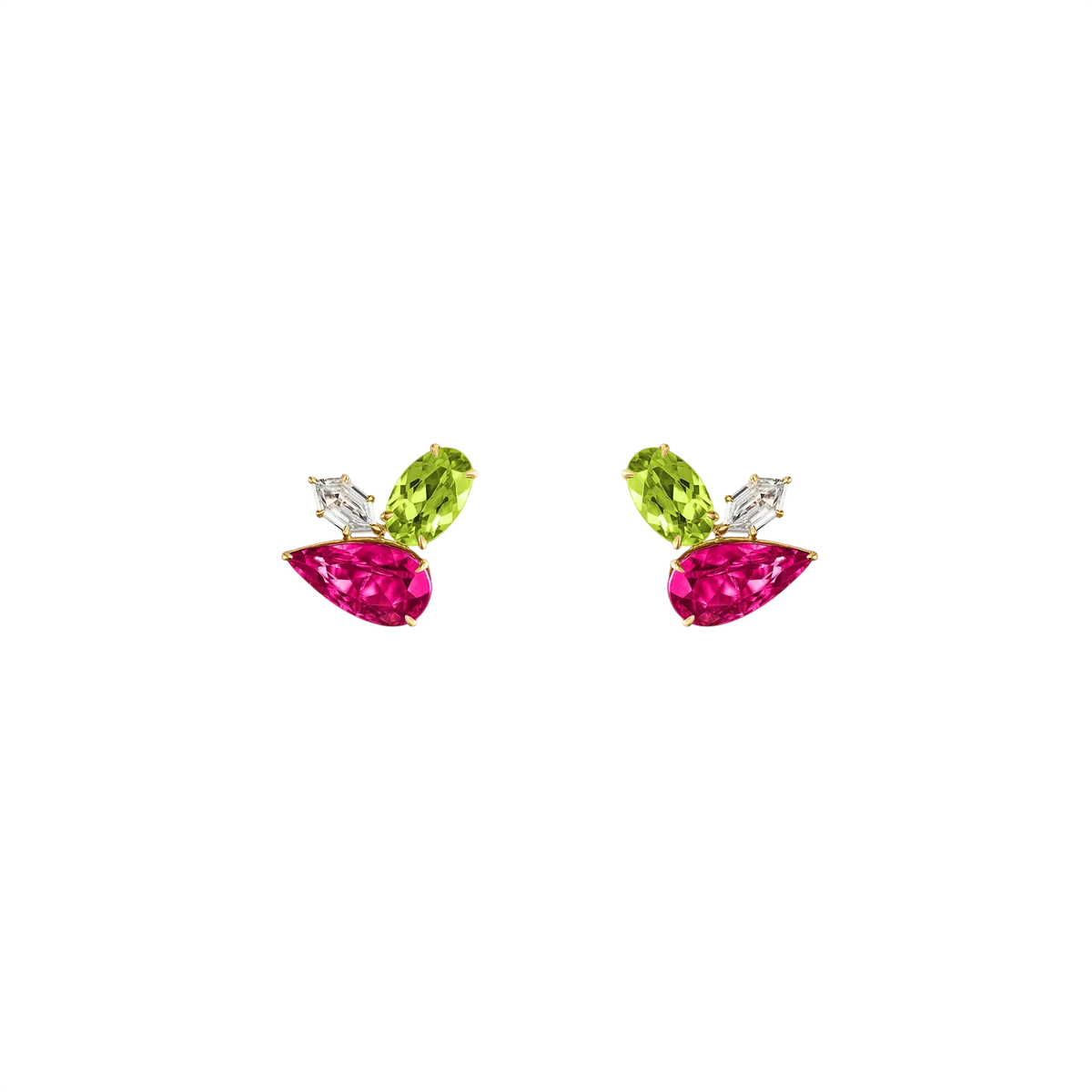 Rubellite, Peridot & Diamond Cluster Studs
