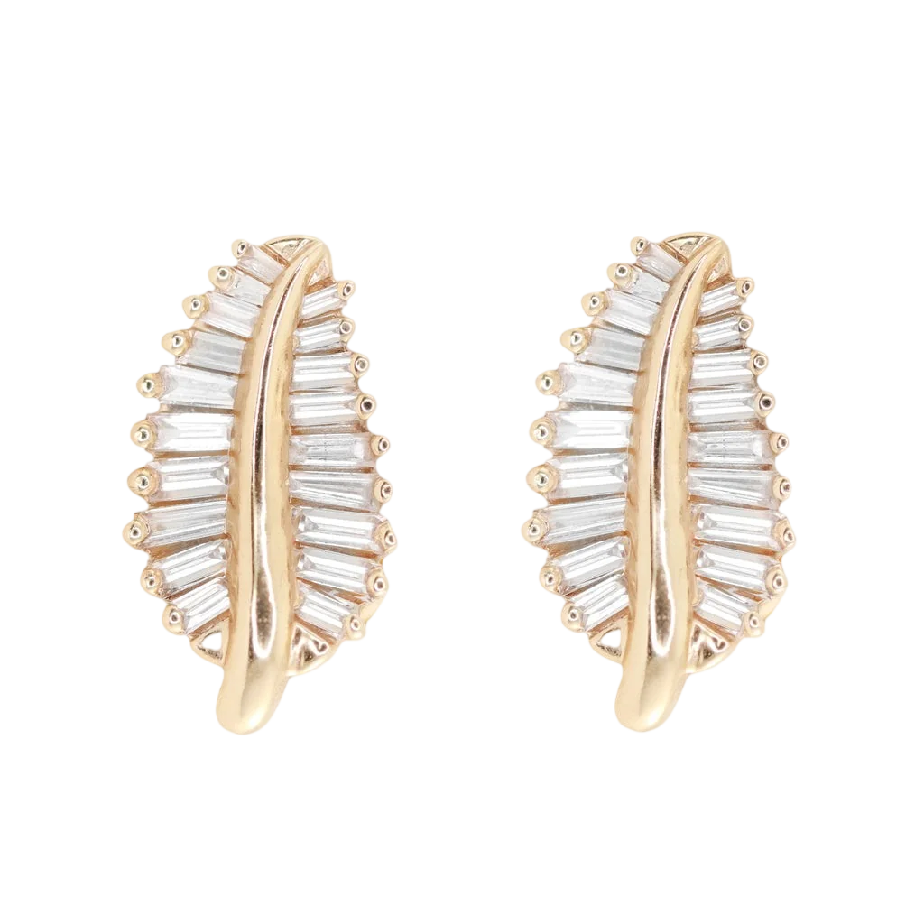 14Kt Gold Large Baguette Diamond Leaf Studs
