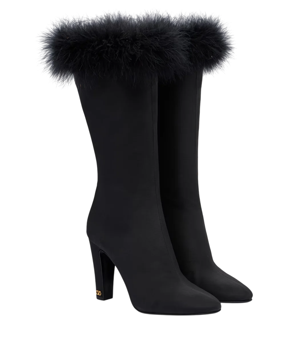 Hotty Feather-Trimmed Satin Knee-High Boots