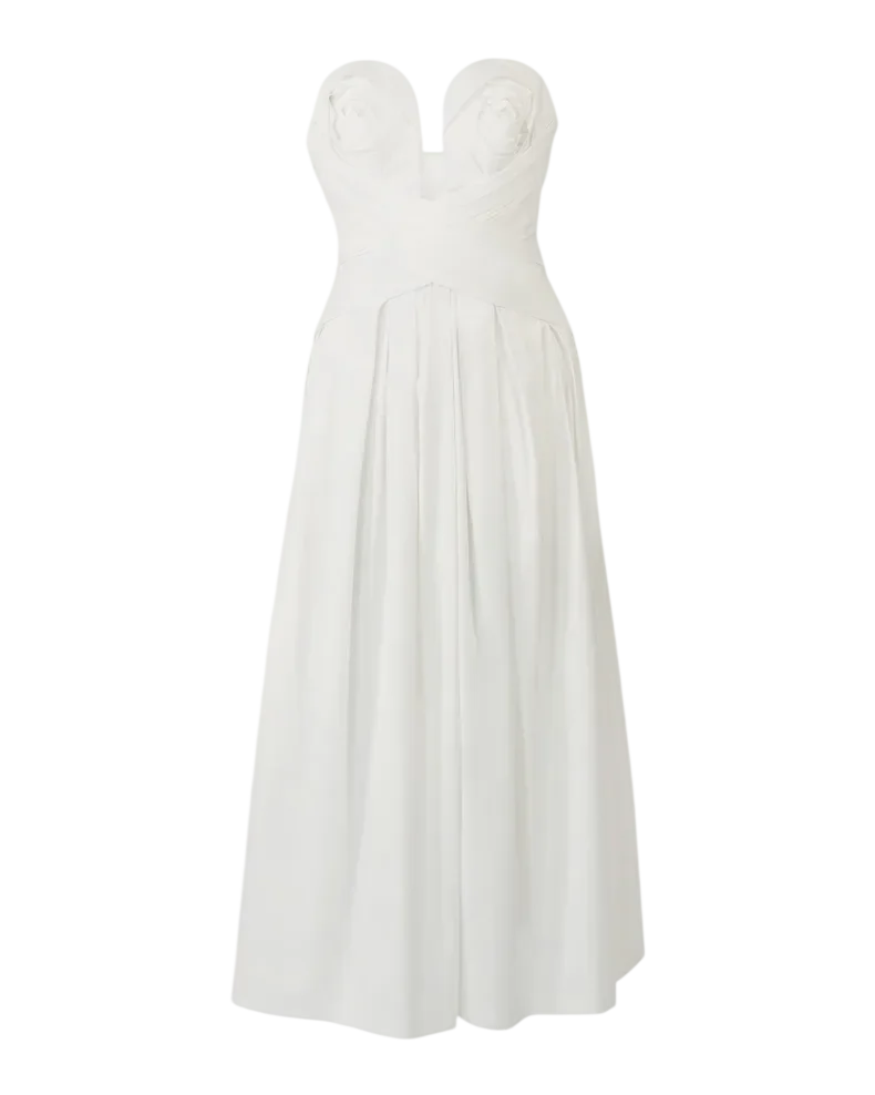 Plunging Strapless Rosette Draped Tea-Length Dress