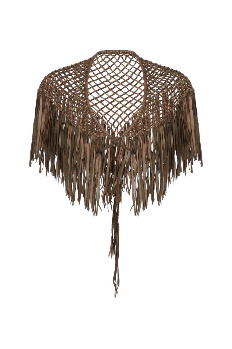 Handcrafted Fringed V Neck Leather Cape in Grey