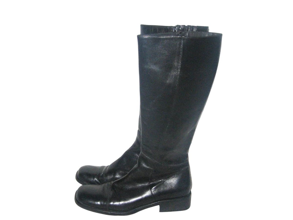 Vintage Charles David by by Nathalie M Black Side Zipper Thigh High Chunky Heel Grunge Goth Punk Rock Boho Fashion Granny Leather Boots 39.5