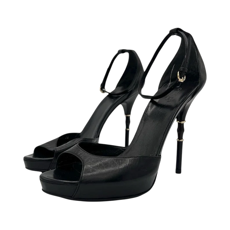 Black Bamboo Leather Peep Toe Ankle Strap Stiletto