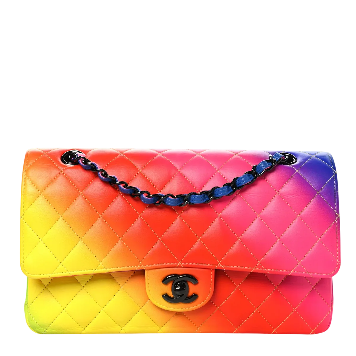 Calfskin Quilted Medium Rainbow Double Flap