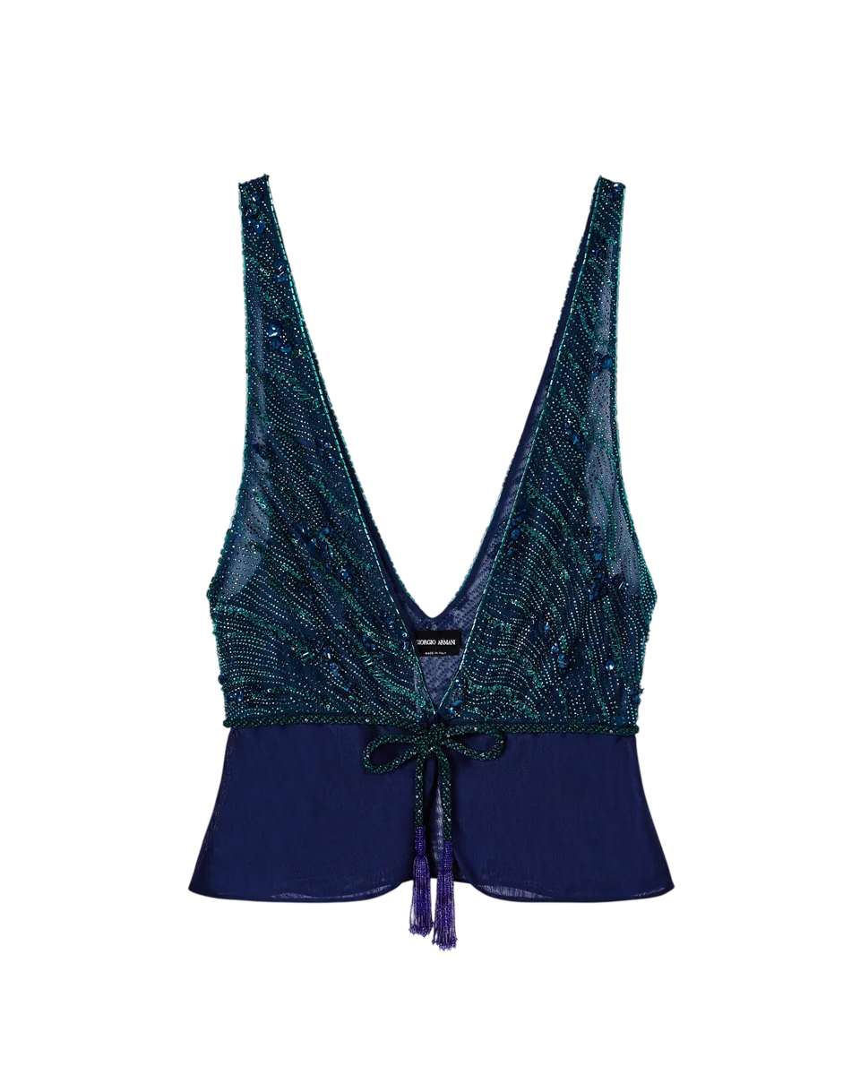 V-Neck Top In Viscose And Silk With Embroidery