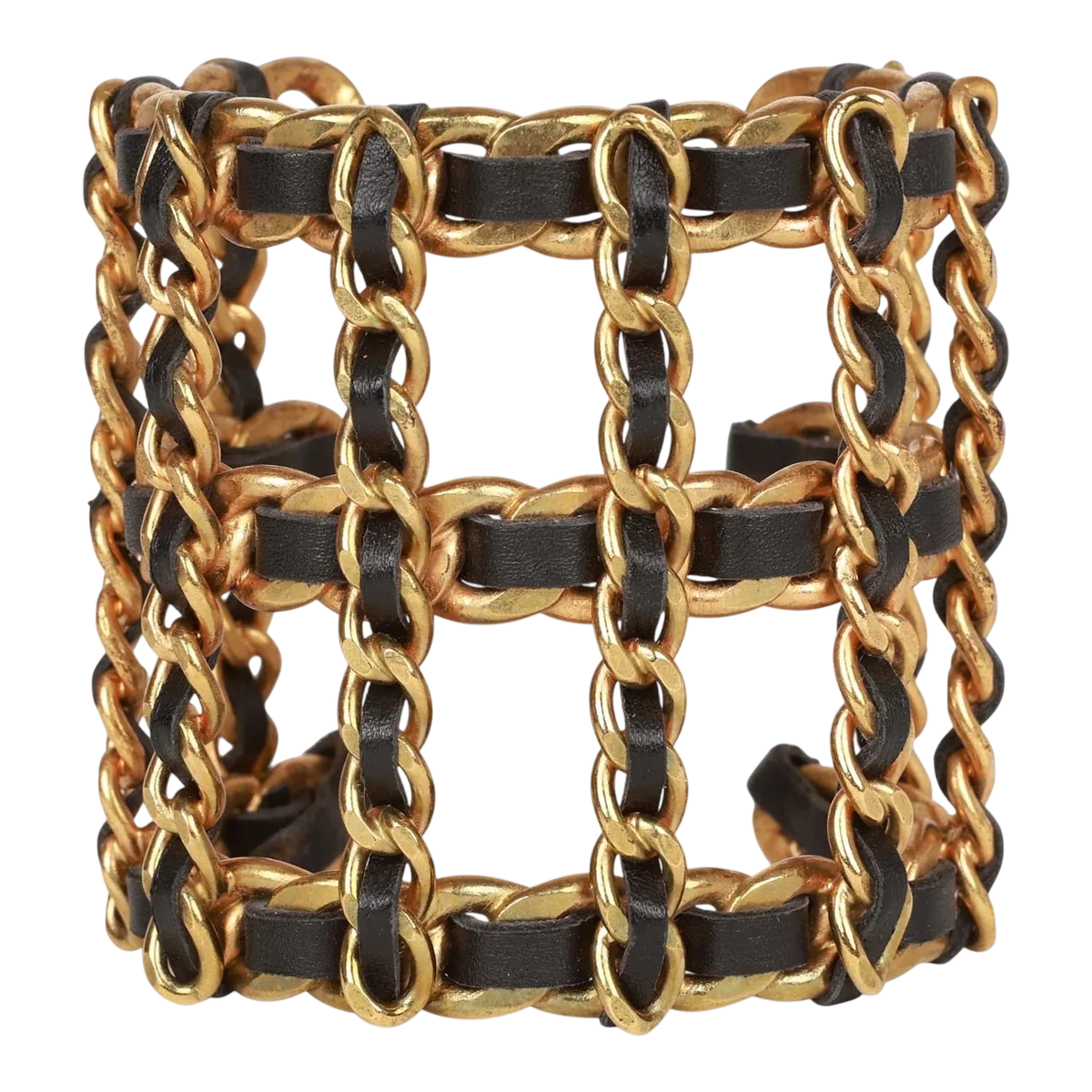 Vintage Chanel Gold Chain And Black Leather Cuff Bracelet