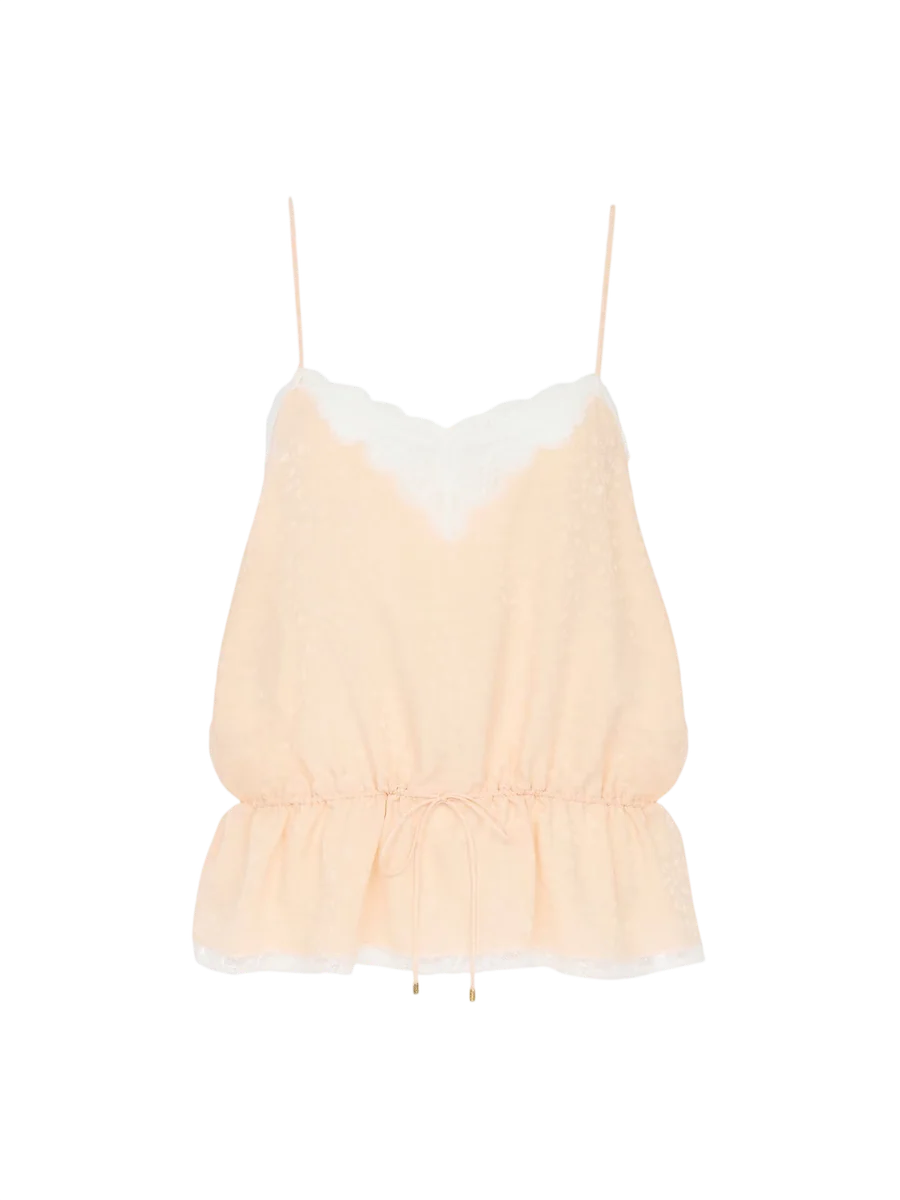 Drawstring Camisole Top In Silk Jacquard & Lace