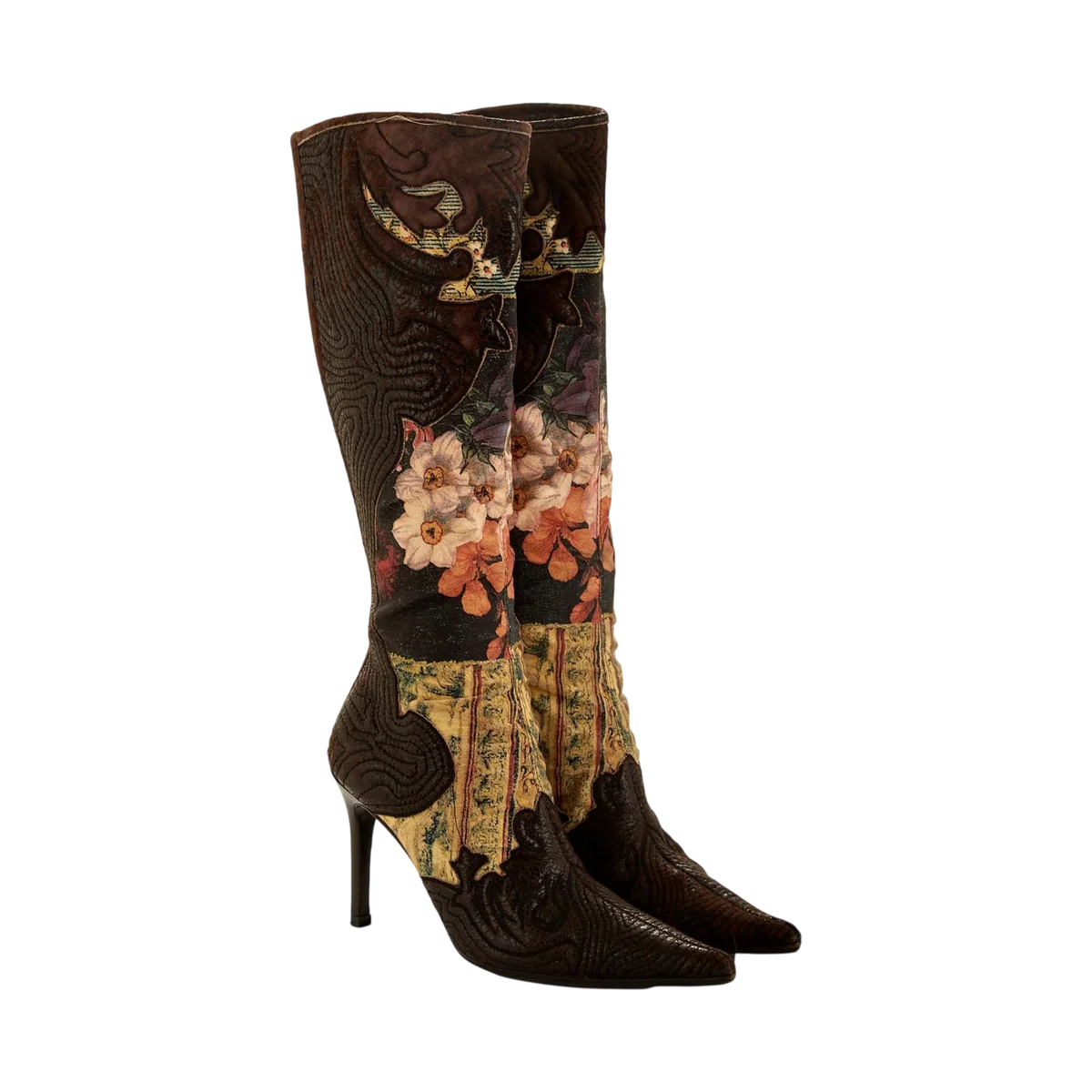 Roberto Cavalli Distressed Floral Knee High Boots