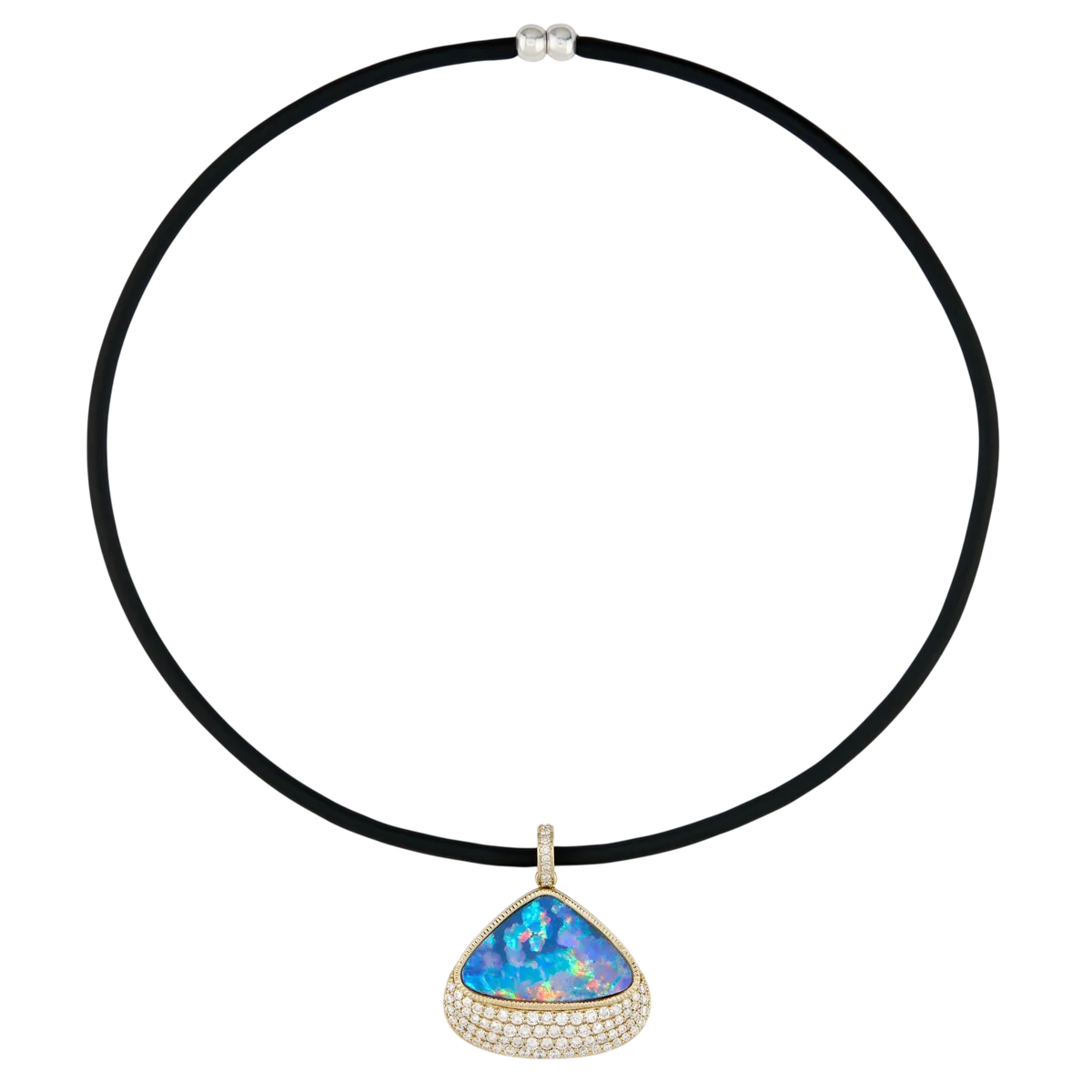 Large Diamond Opal Trillion Charm On Black Cord Choker