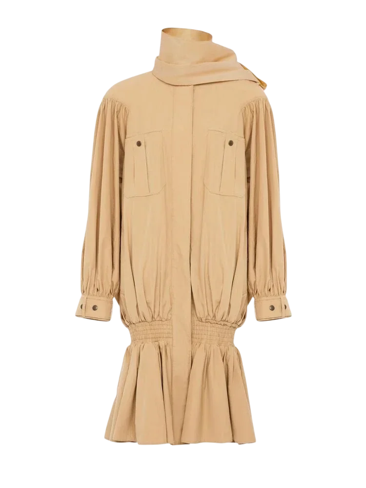 High-Neck Gathered Trench Coat In Cotton Poplin