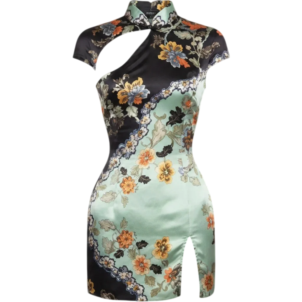 Runway Cheongsam Chinoiserie Silk Floral Mini Dress