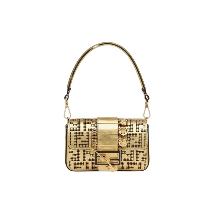 FENDI x VERSACE Fendace Logo Metallic Brooch Baguette NM Zucca Leather Mini Bag