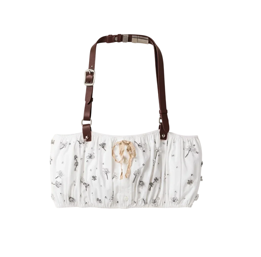 Embroidered Poplin And Chino Bandeau Top