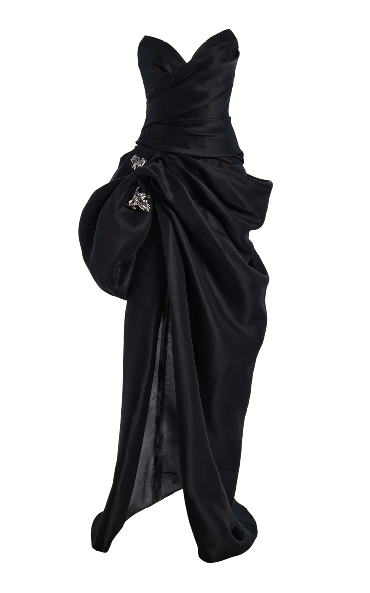 Floral-Embellished Strapless Draped Bodice Sculpted Skirt Gown