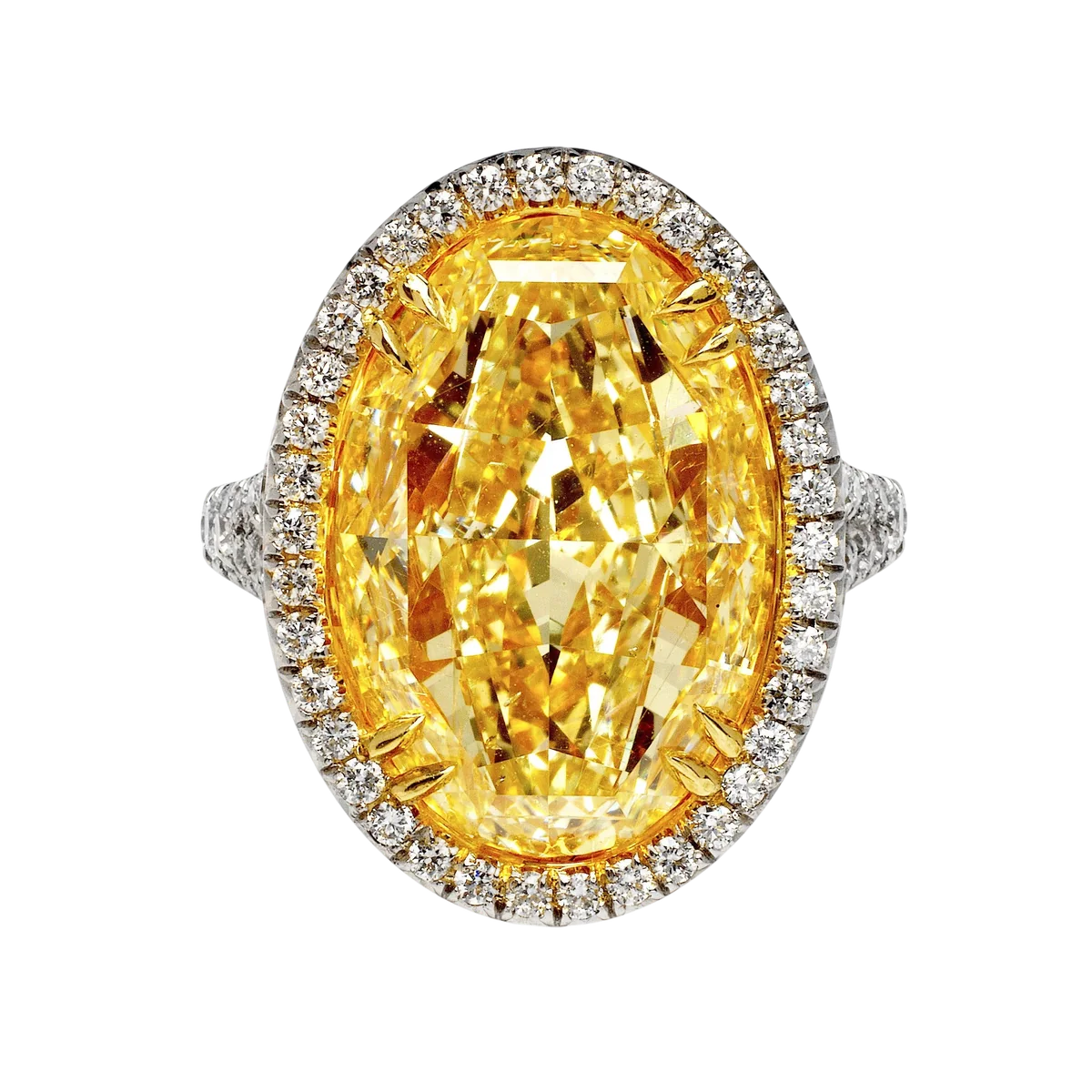 Mirage 13 Carat Oval Cut Clarity Enhanced Fancy Intense Yellow Diamond Engagement Ring Platinum & 18k Gold Gia Certified 12 Ct Fiy By Mike Nekta