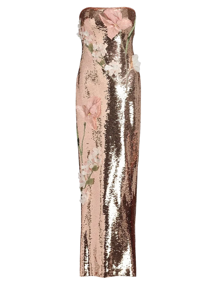 Sequined Floral Embroidered Column Gown
