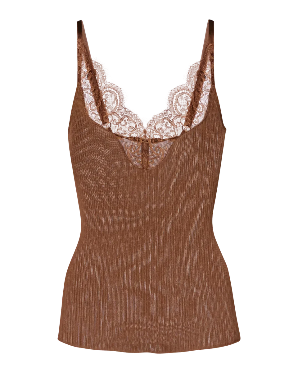 Lace-Trimmed Ribbed-Knit Silk Tank Top