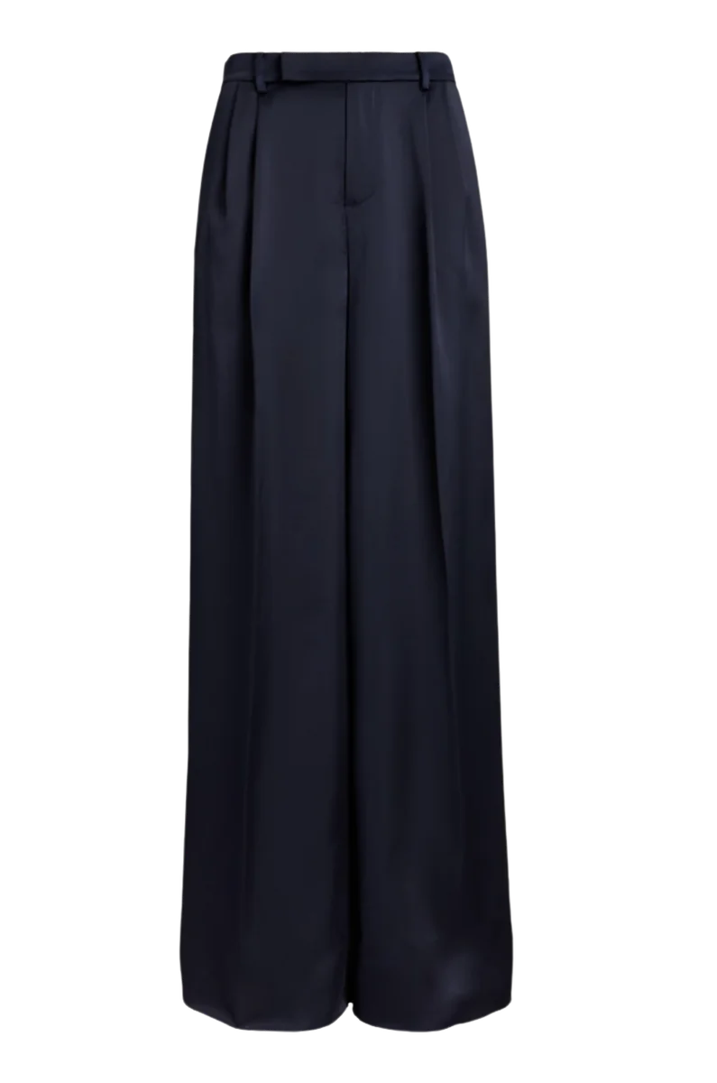 Pleated Satin Charmeuse Wide-Leg Pant