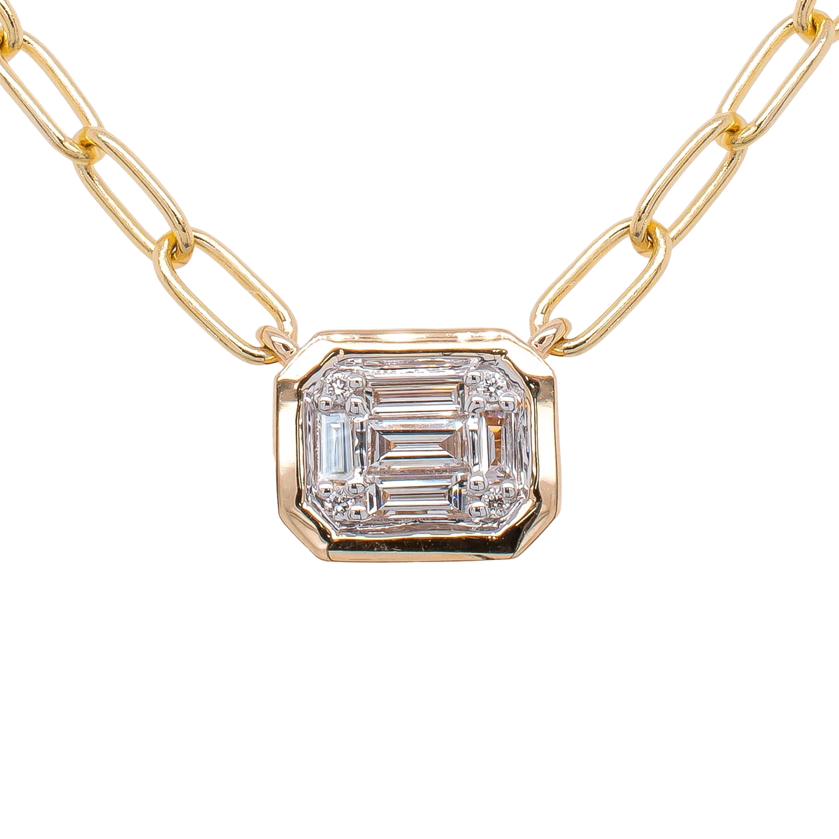 14k Yellow Gold Diamond Emerald Shaped Necklace With Paper Clip Chain