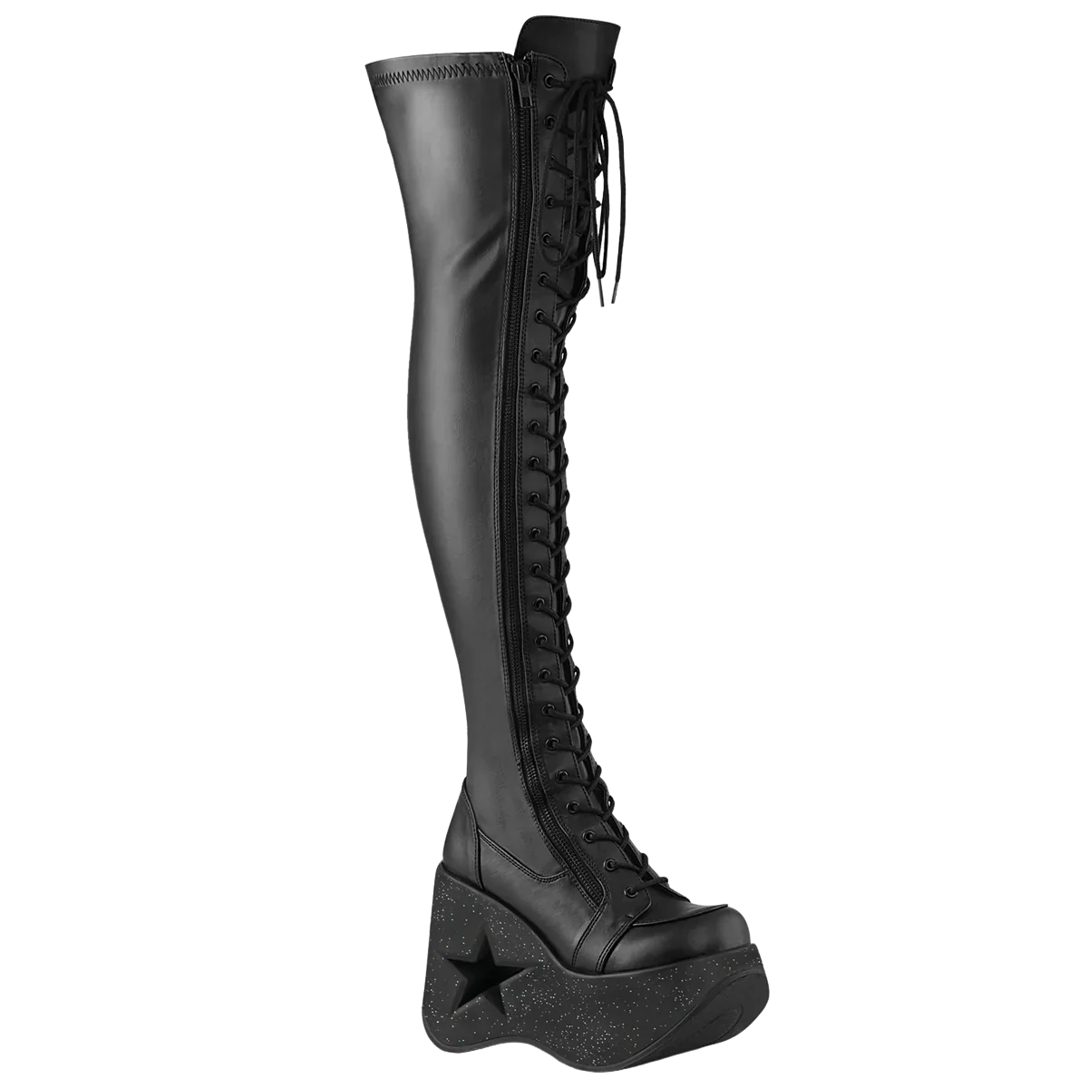 Dynamite 300 Cut Out Star Wedge Glitter Platform Stretch Thigh High Boots