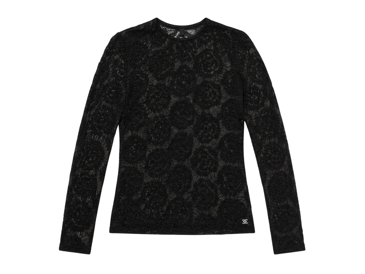 Chanel Black Lace Tulle Top And Cyclist Shorts Set With Camellia Details And Crystal Cc Logos